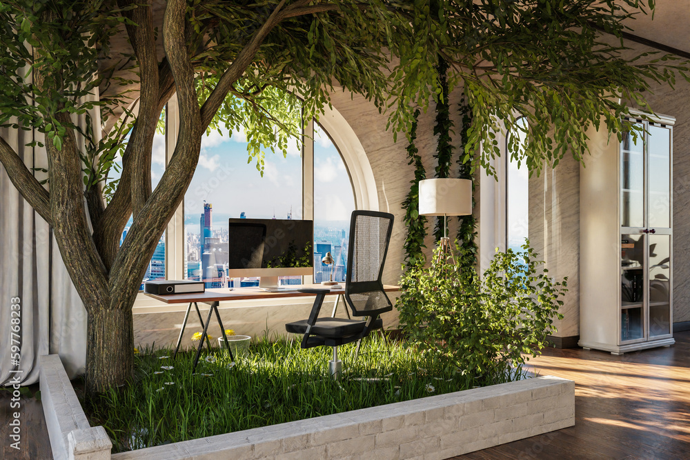 Image showcasing loft apartment with arched window in urban downtown; indoor garden with ...