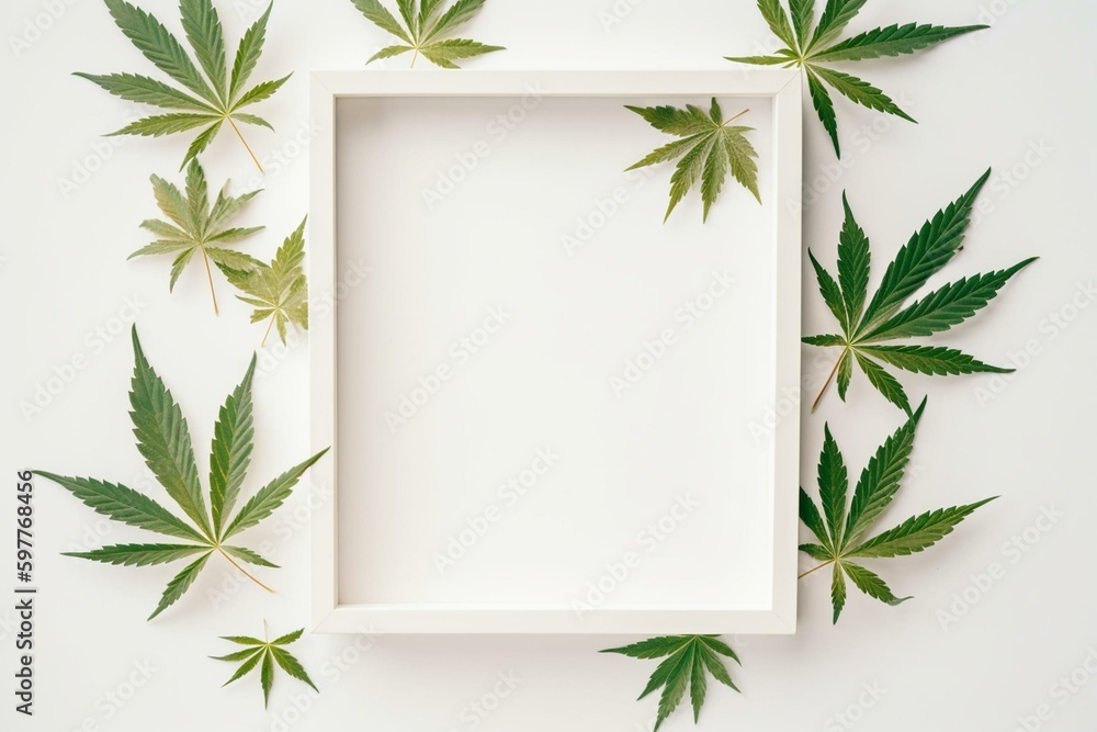 A white square frame featuring watercolor cannabis leaves. Generative AI