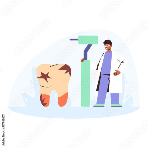 Cartoon character of young black doctor making treatment for caries