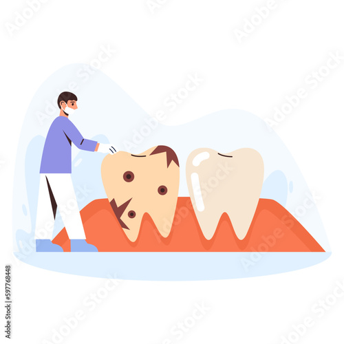 Cartoon character of young male doctor making treatment for caries