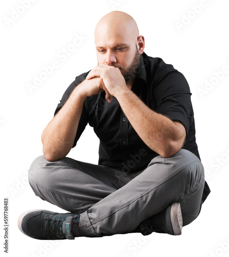 Canvastavla Sad handsome young man sitting holding your head over your head
