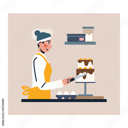 Colored cartoon character of woman working as professional confectioner