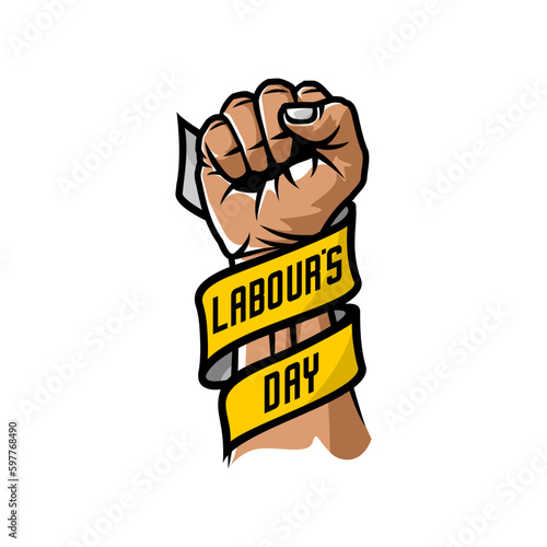 vector clenched fist circled with ribbon saying Labor day