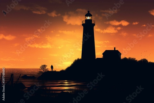 Illustration of a lighthouse in silhouette. Generative AI
