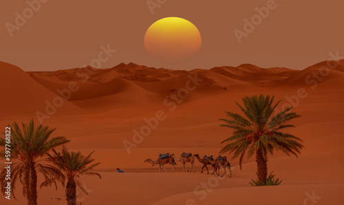 Sand dunes and sand storm in the Sahara desert - hot and dry desert landscape - Camel caravan in the desert at sunrise -  Sahara  Morrocco