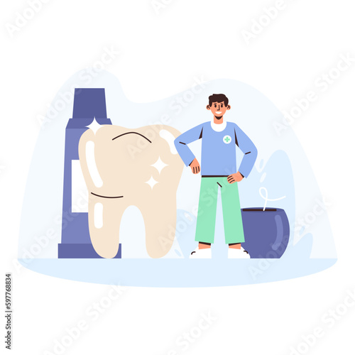 Cartoon character of young man working as dentist in modern clinic