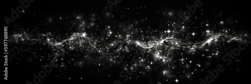 Overlay moving magic on a black background. Gray glitter smoke particles background. Magic effect to overlay on photo. Liquid glitter and shimmery flashes. Generative AI.