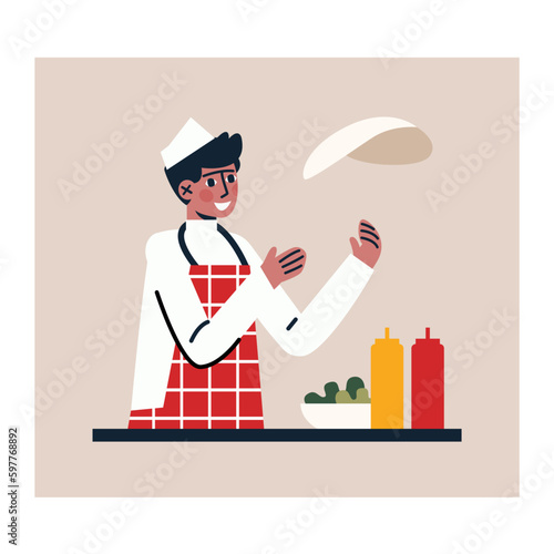 Cartoon character of smiling man in uniform tossing pizza dough
