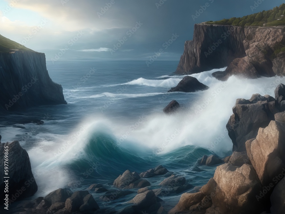 A sizable body of water with a cliff in the distance, waves slamming against the rocks. A sizable body of water with a cliff in the distance, waves slamming against the rocks.