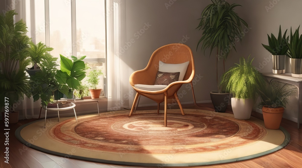 Fototapeta premium A Room with a Chair, Potted Plants, and a Center Rug, Perfect for Relaxation and Comfort. 