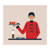 Cartoon character of Japanese man in uniform with sushi