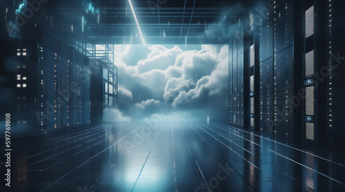 Cloud servers, in cyberspace, offer data storage, AI tech, and secure connections; enabling global communication, futuristic infrastructure, and seamless information transfer within the digital realm.