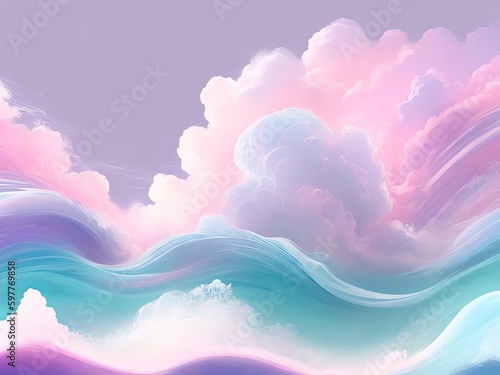 A Computer Generated Image of a Water Wave and Clouds in Soft Pink and Blue Hues  Set Against a Light Pink and Blue Background. 