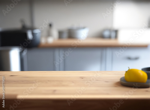 A Wooden Tabletop Mockup for Product Display or Montage with Blurred Kitchen Background for Visual Layout. 