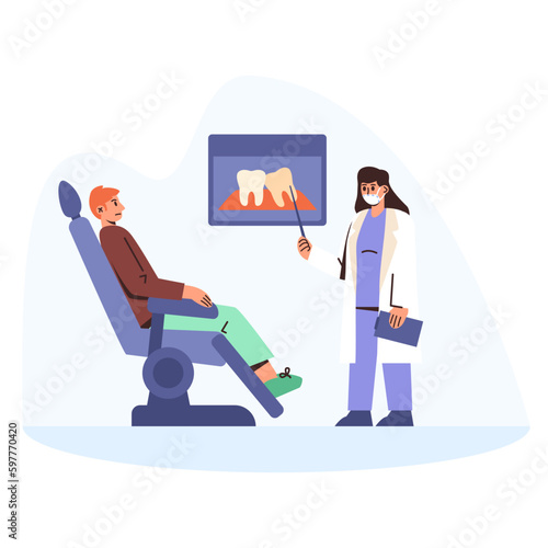 Cartoon characters of male patient visiting orthodontist