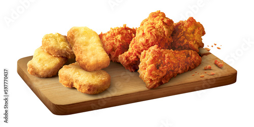 Fried Nucket and Fried wing chicken on wood butcher isolated white background	
