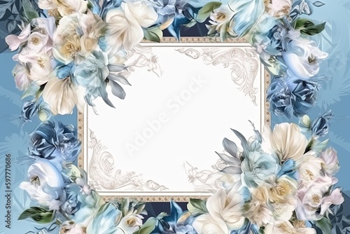 A Blue and White Porcelain square frame decorated with multicoloured flowers, blank space for text. Flat lay, top view. Floral frame, frame of flowers. Floral background. Wedding invitation, greeting 