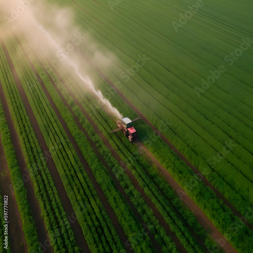 Tractor with pesticide fungicide insecticide sprayer on farm land top view Spraying with pesticides and herbicides crops created with Generative AI technology.