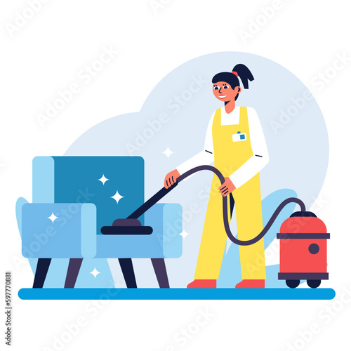 Cartoon character of young woman engaged in furniture dry cleaning
