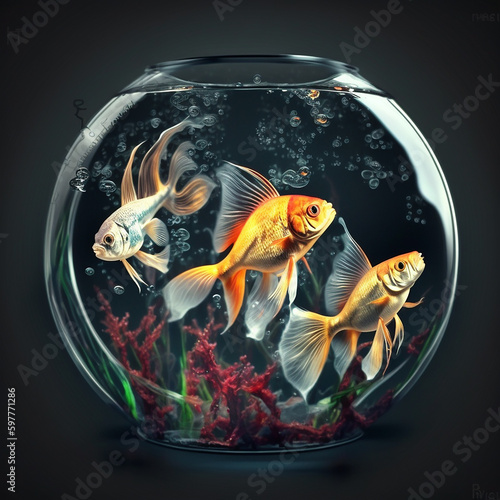 Beautiful fish in round glass aquarium with generative AI technology
