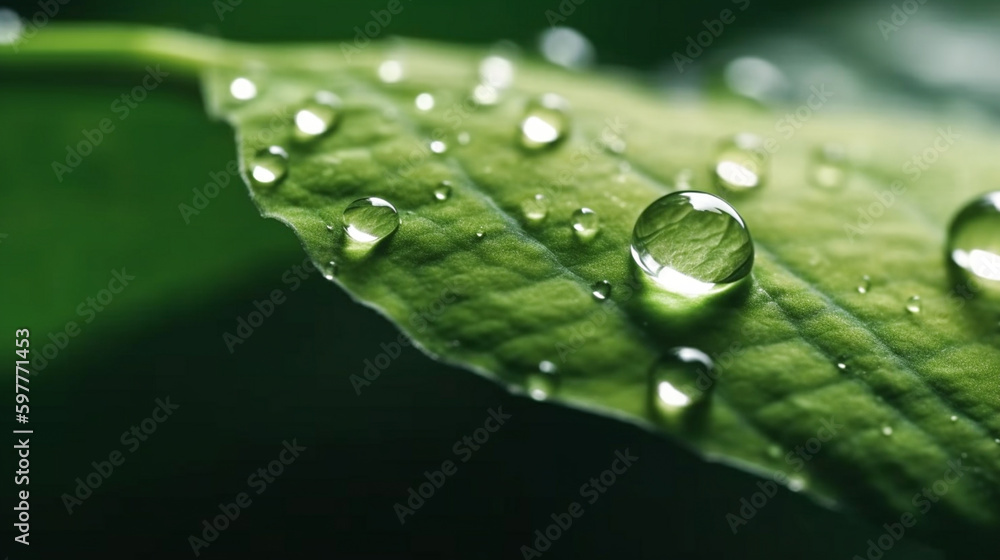 A green leaf with water droplets surface, with a dark green background. generative ai A green leaf with water droplets surface, with a dark green background. generative ai