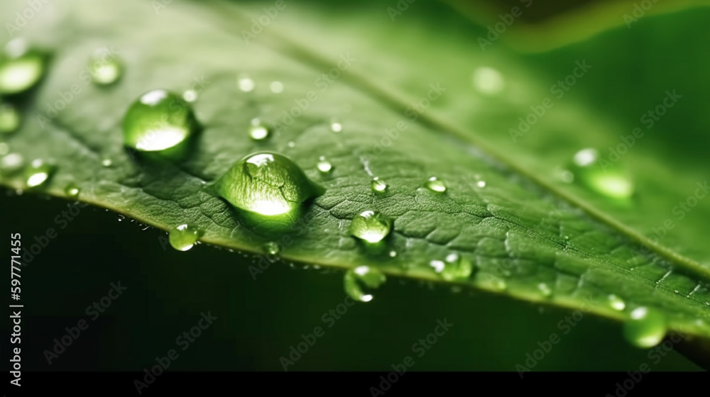 A green leaf with water droplets surface, with a dark green background. generative ai A green leaf with water droplets surface, with a dark green background. generative ai