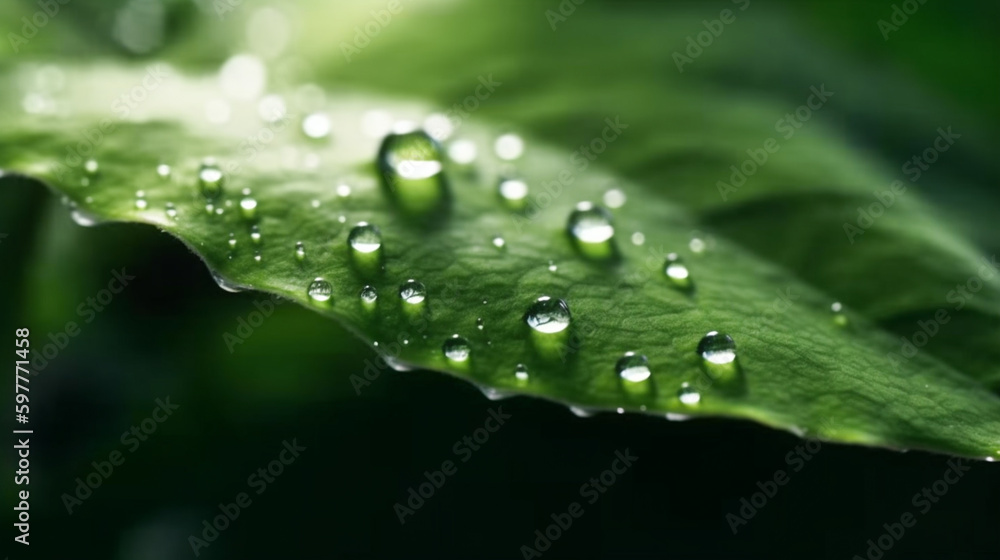 A green leaf with water droplets surface, with a dark green background. generative ai A green leaf with water droplets surface, with a dark green background. generative ai