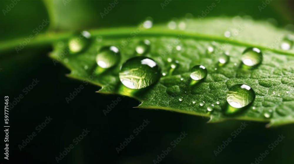A green leaf with water droplets surface, with a dark green background. generative ai A green leaf with water droplets surface, with a dark green background. generative ai