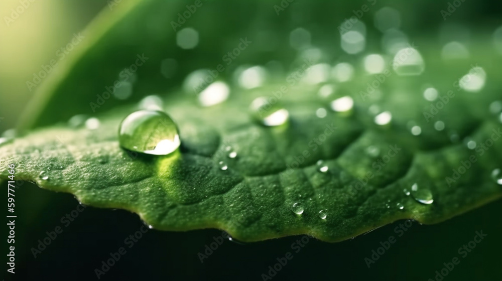 A green leaf with water droplets surface, with a dark green background. generative ai A green leaf with water droplets surface, with a dark green background. generative ai