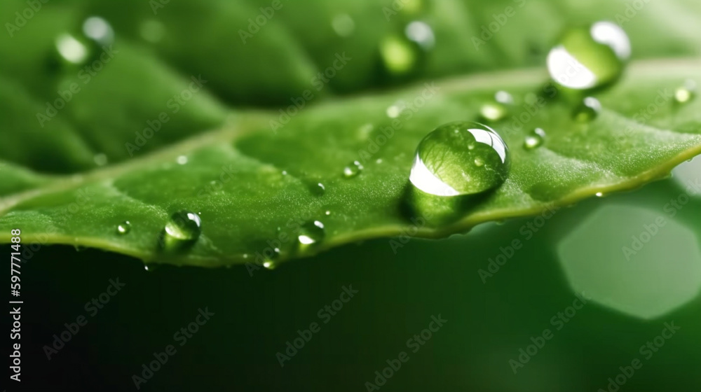 A green leaf with water droplets surface, with a dark green background. generative ai A green leaf with water droplets surface, with a dark green background. generative ai