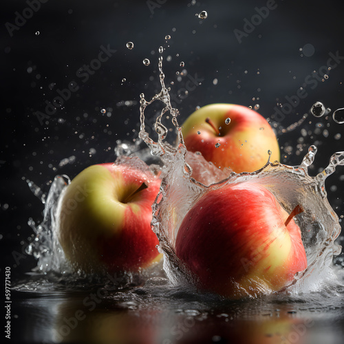 Red apples in water splash over black background created with Generative AI technology.