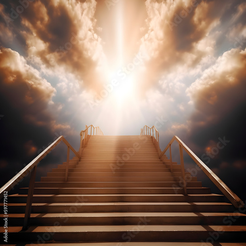 Concept conceptual 3D business man walking or climbing stair on sky background with clouds created with Generative AI technology.