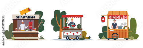 Set of different cartoon characters selling street food