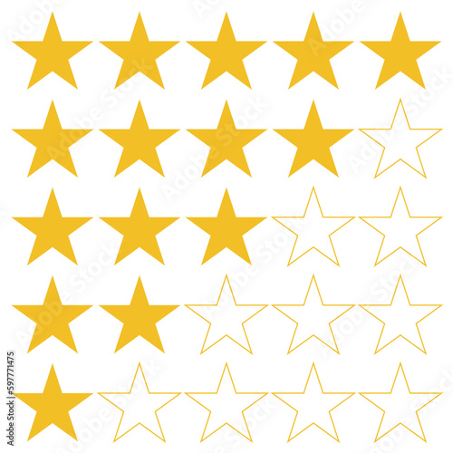 Visual representation of star ratings, showing various levels of satisfaction from full to partial stars. Useful tool for feedback and reviews.