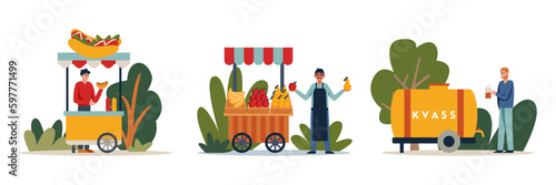 Set of different cartoon characters of young people selling food and drinks outdoors