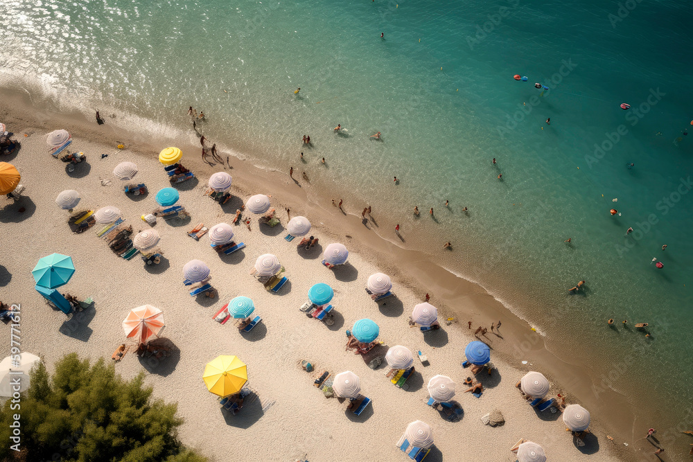 Generative AI illustration of Colorful beach umbrellas on a sunny day Generative AI illustration of Colorful beach umbrellas on a sunny day