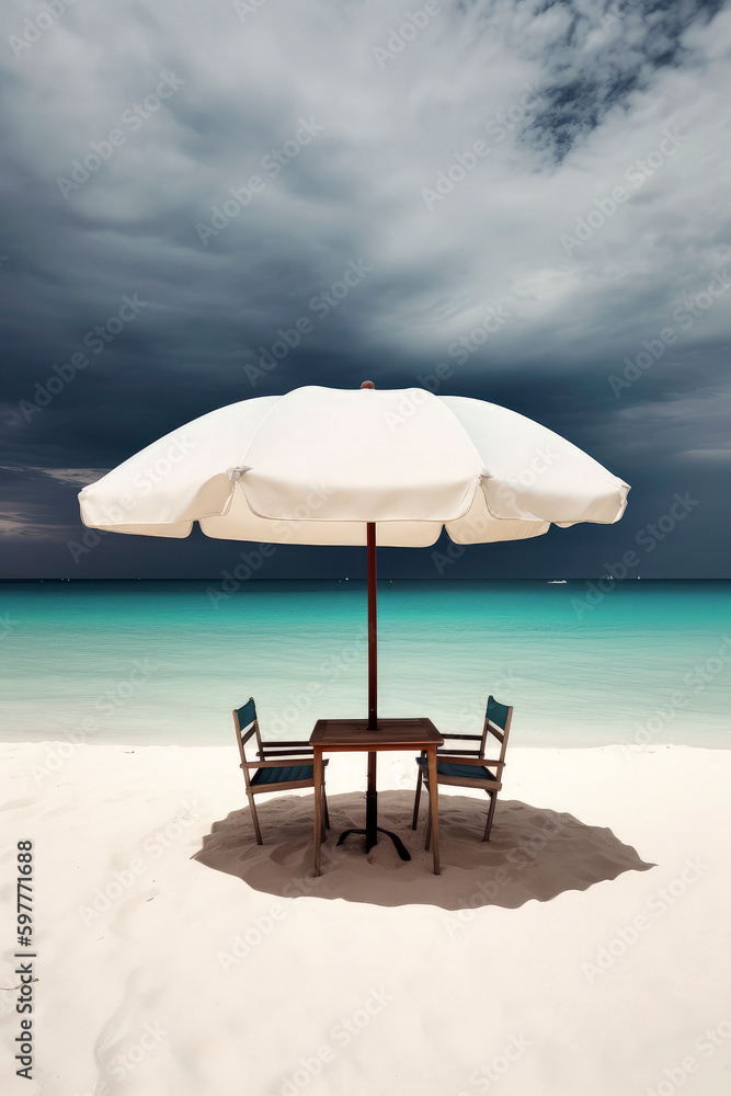 Generative AI illustration of Lonely umbrella on the beach with table on the sand and two chairs