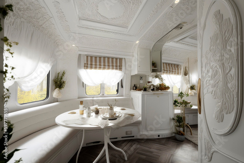 Generative AI illustration of interior of motorhome with two big beds, kitchen and dining table, with style of meticulous detailing