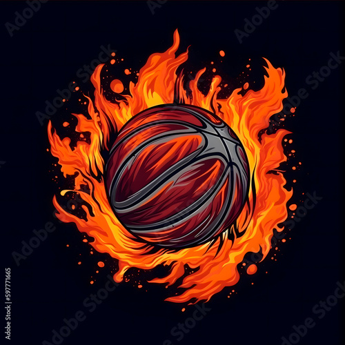 basketball ball enveloped in fire flames isolated on black background. created with Generative AI technology.
