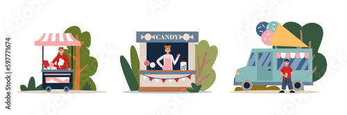 Set of cartoon characters of young people engaged in street trading