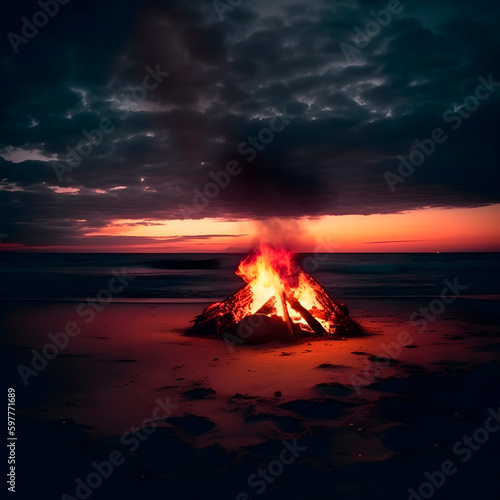 Bonfire on the beach sand created with Generative AI technology.
