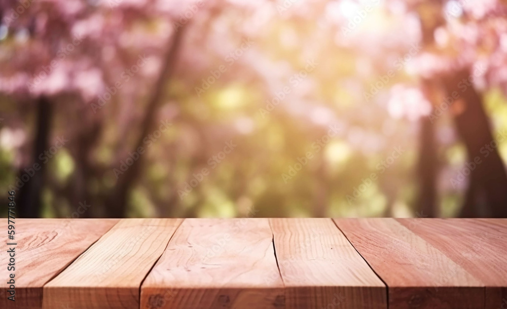 Empty Wooden Table for Placing Products with Sakura Tree Background and Blurred Copy Space Empty Wooden Table for Placing Products with Sakura Tree Background and Blurred Copy Space