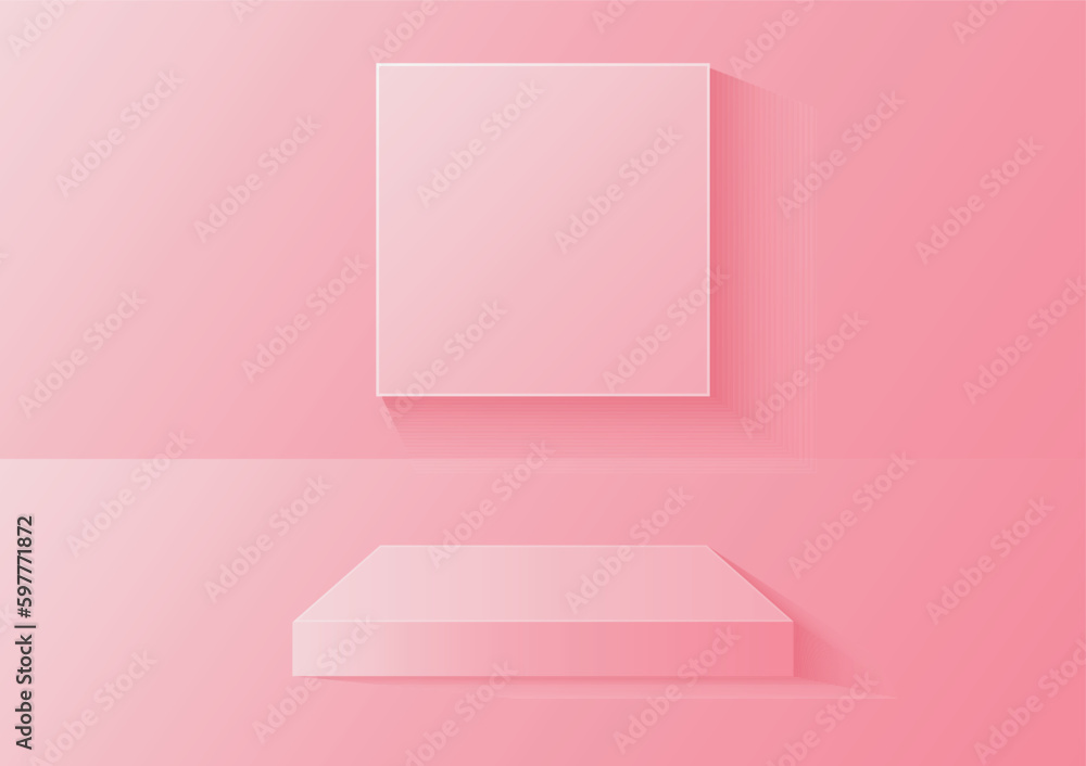 Abstractrectangular podium in the room withsquare frame on background, pink color, vector geometric platform illustration for product display presentation. Abstractrectangular podium in the room withsquare frame on background, pink color, vector geometric platform illustration for product display presentation.