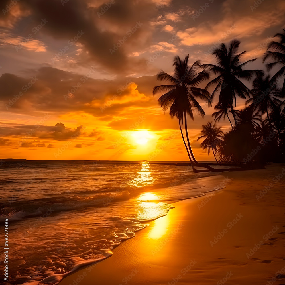 Silhouette of palm trees Beautiful sunset on the tropical sea beach background for travel in holiday created with Generative AI technology.