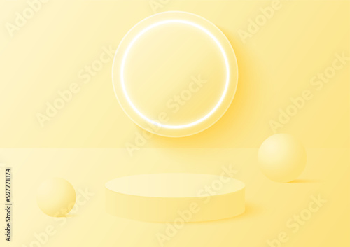 Abstract cylinder podium in the room with glowing neon ring on background, yellow color, vector geometric platform illustration for product display presentation. © c_atta