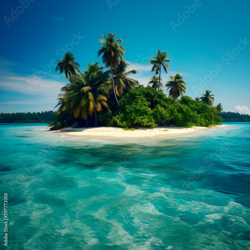 Palm Beach In Tropical Idyllic Paradise Island created with Generative AI technology.