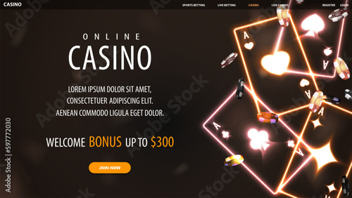 Online casino, banner for website with offer, gold neon casino playing cards and poker chips on black background