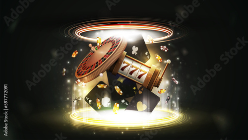 Black casino playing cards, casino roulette, slot machine and poker chips inside gold portal made of digital rings on dark background