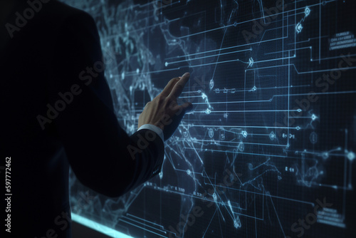 Artificial Intelligence and Big Data Technology Concept with Businessman Touching Virtual Screen