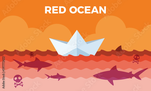 A Paper Ship on the red ocean. Isolated Vector Illustration